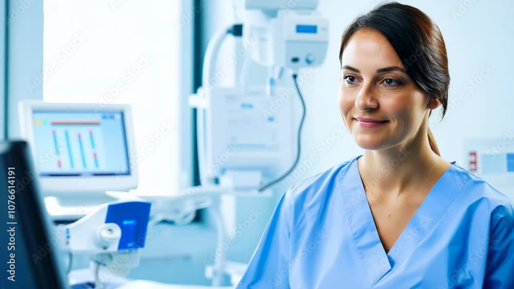 Female healthcare professional in scrubs working at a computer in a medical facility, focused on patient data and healthcare management Female healthcare professional in scrubs working at a computer in a medical facility, focused on patient data and healthcare management