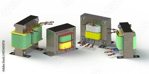 Four electric transformers isolated on white background