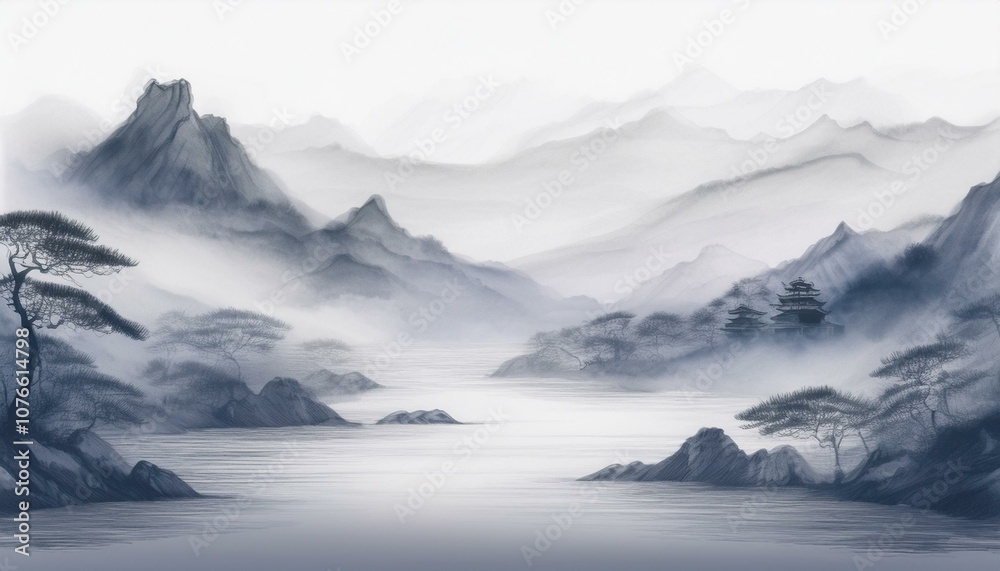 Oriental painting of misty oriental mountains and rivers Oriental painting of misty oriental mountains and rivers