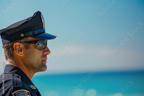 Generative AI Image of Lifeguard on Duty with Lifebuoy on Ocean Beach photo