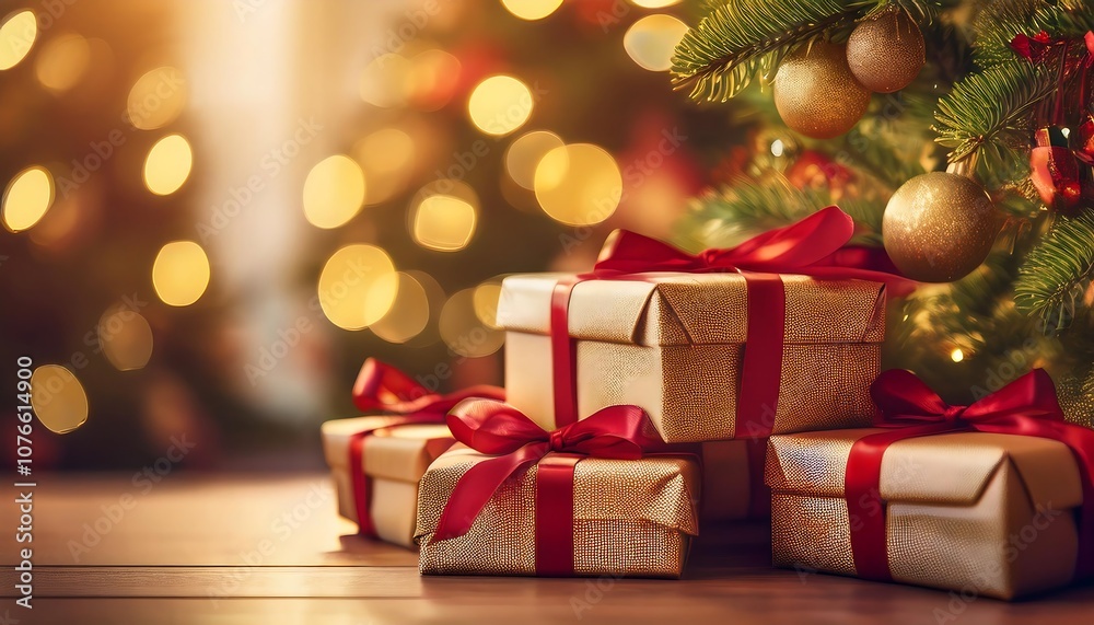 stack of wrapped Christmas presents with red ribbons under a decorated Christmas tree. The background is blurred with warm, golden lights. stack of wrapped Christmas presents with red ribbons under a decorated Christmas tree. The background is blurred with warm, golden lights.
