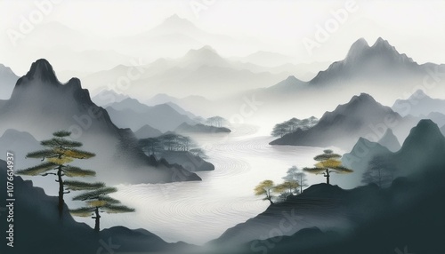 Oriental painting of misty oriental mountains and rivers