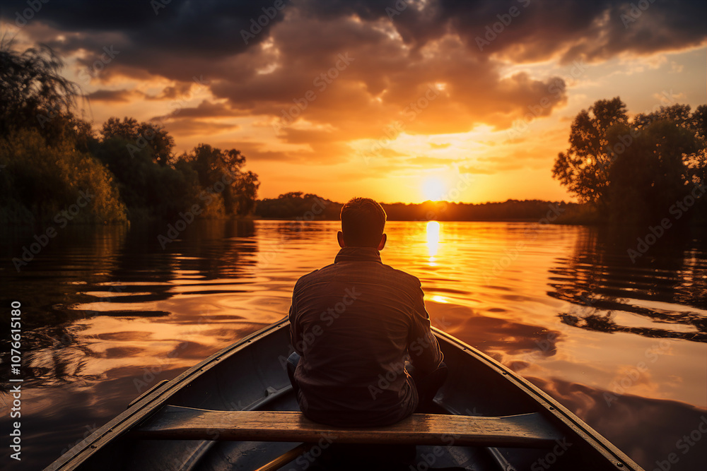 Sunset on the river. man riding a boat generative AI illustration Sunset on the river. man riding a boat generative AI illustration