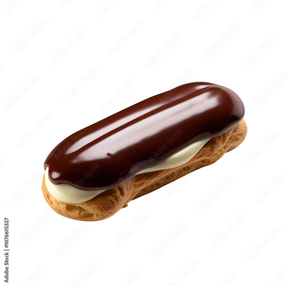 A single eclair with chocolate glaze on a black background. A single eclair with chocolate glaze on a black background.