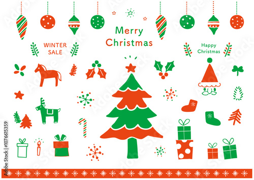 クリスマス手描きアイコンセット北欧風　白背景　赤グリーンのコンビ