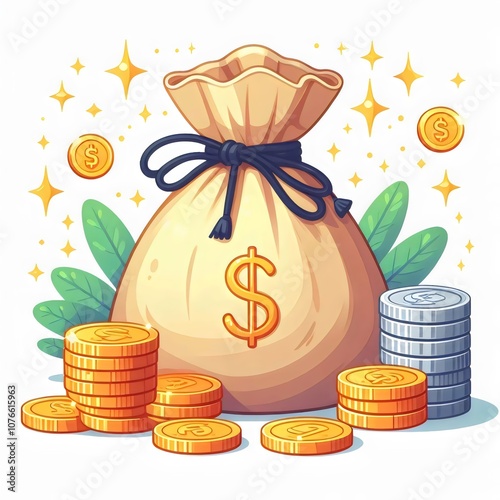 Bag and coins. 3D illustration.
