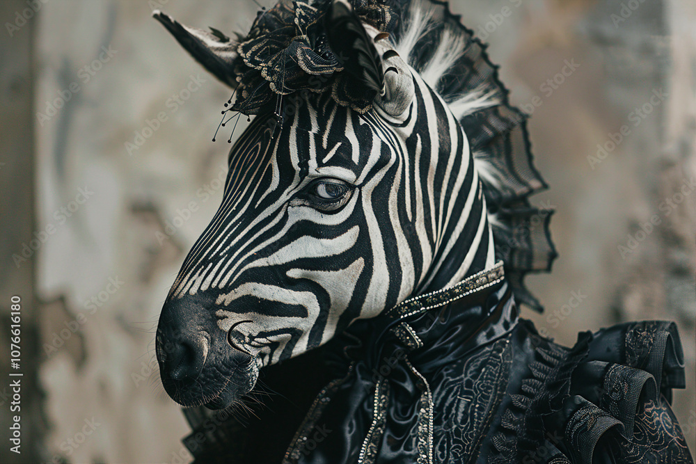 Ai generated image of a zebra in aristocratic costume isolated on grey background Ai generated image of a zebra in aristocratic costume isolated on grey background