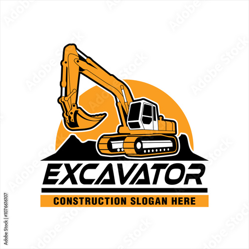 excavator logo emblem design template heavy, transportation vehicle mining equipment for construction, contractor logo vector illustration