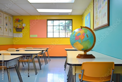 colorful school globe in clasroom ambiente with generative ai photo