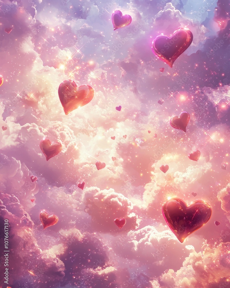 Floating Heart Shaped Clouds in Dreamy Pastel Sky with Sparkling Glowing Ethereal Atmosphere Floating Heart Shaped Clouds in Dreamy Pastel Sky with Sparkling Glowing Ethereal Atmosphere