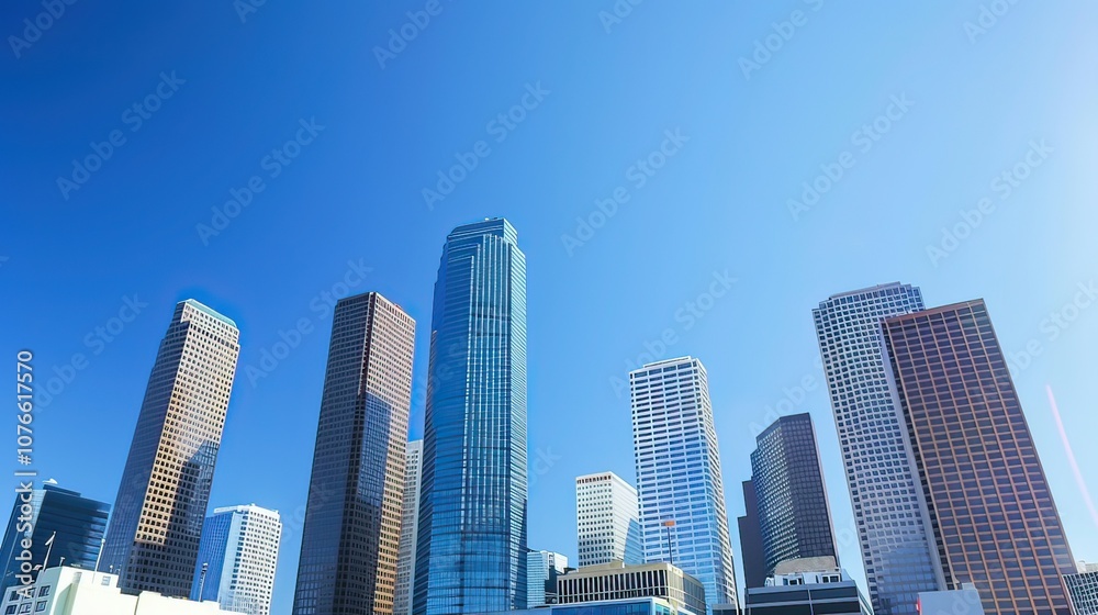 A sleek modern skyscraper against a clear blue sky in an urban cityscape.