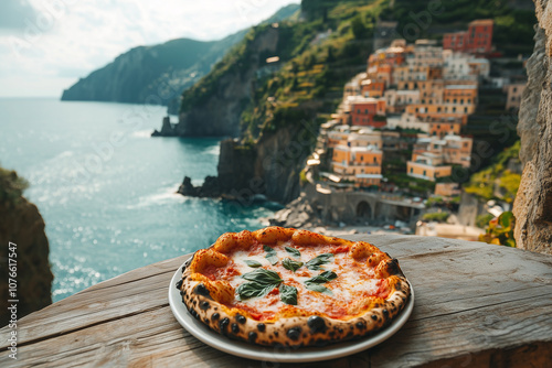 Fototapeta Naklejka Na Ścianę i Meble -  A plate of pizza in front of Italian coast