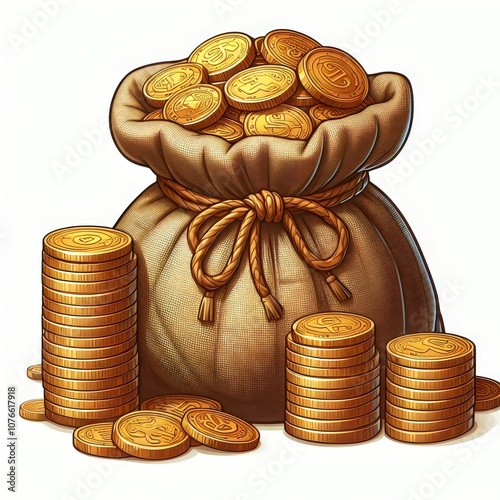 Bag of gold coins. Isolated on a white background.