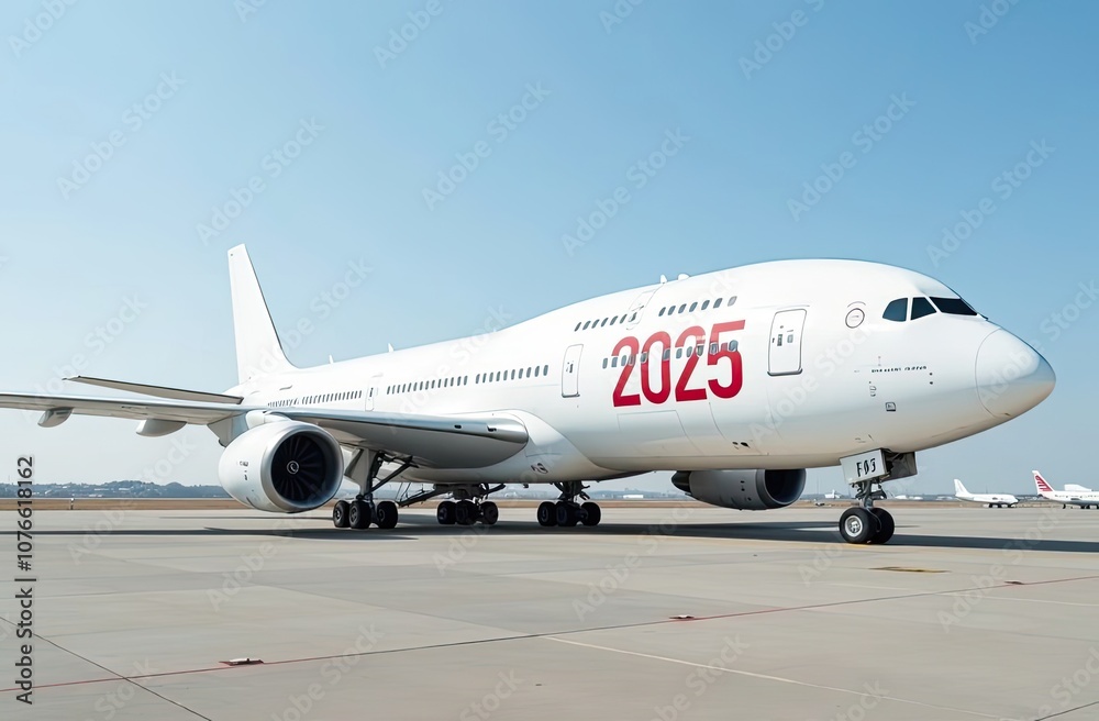 Fototapeta premium A white passenger plane stands on the runway. On board are the red numbers 2025. The concept of passenger transportation for Christmas and New Year's holidays. Close-up