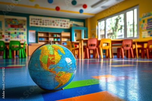 colorful school globe in clasroom ambiente with generative ai photo