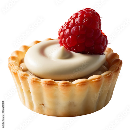 A single mini tart with a white cream filling and a raspberry on top.