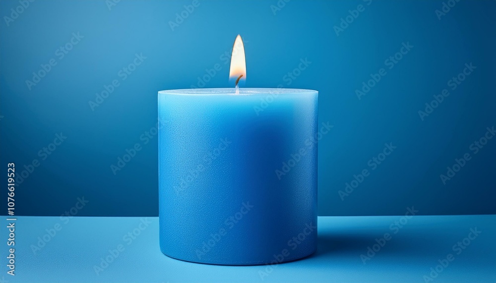 a blue candle on a blue background with a lit candle in the middle is a single blue candle