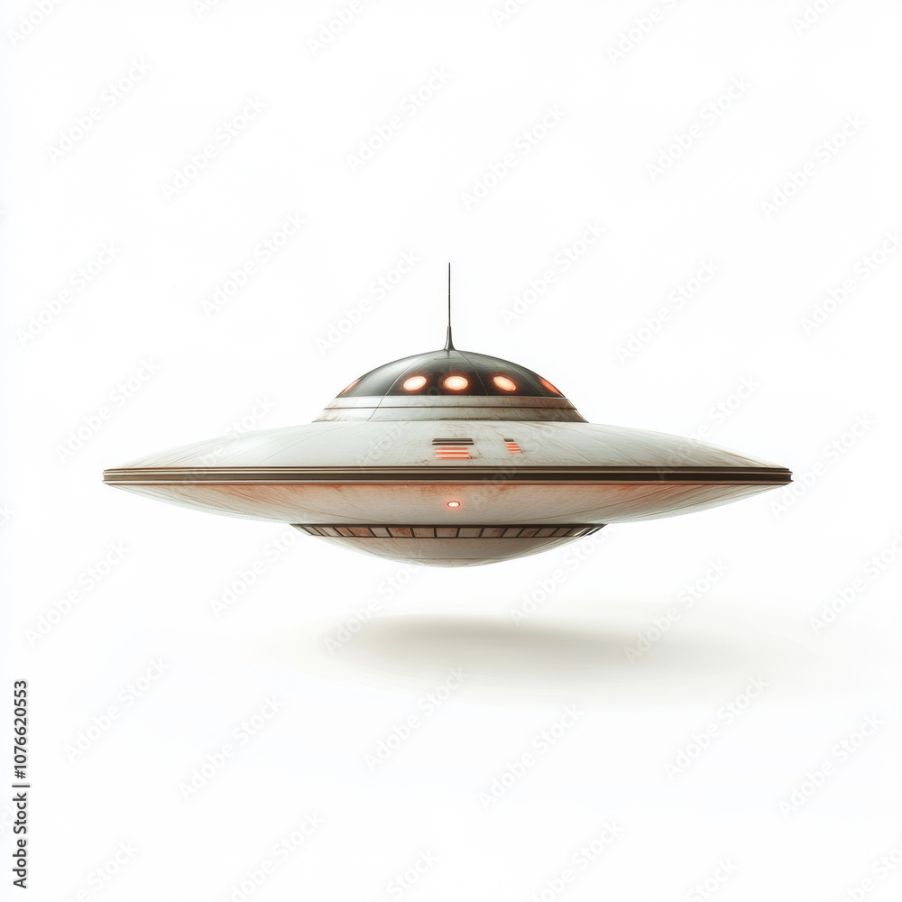 UFO with glowing lights. close up. Alien spaceship in shape of flying saucer isolated on white backdrop UFO with glowing lights. close up. Alien spaceship in shape of flying saucer isolated on white backdrop