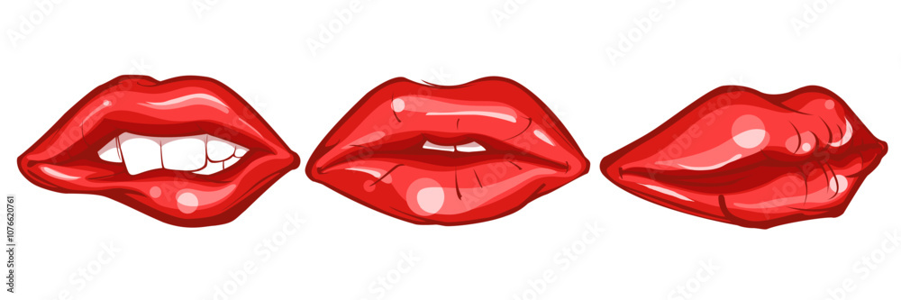 Lips set. Shine glossy sexy pout lip in red lipstick, smile closed open woman mouth. Female kiss glamour girl cosmetic makeup cartoon ingenious vector illustration of beauty lip plump Lips set. Shine glossy sexy pout lip in red lipstick, smile closed open woman mouth. Female kiss glamour girl cosmetic makeup cartoon ingenious vector illustration of beauty lip plump