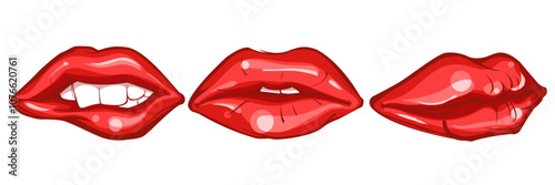 Lips set. Shine glossy sexy pout lip in red lipstick, smile closed open woman mouth. Female kiss glamour girl cosmetic makeup cartoon ingenious vector illustration of beauty lip plump