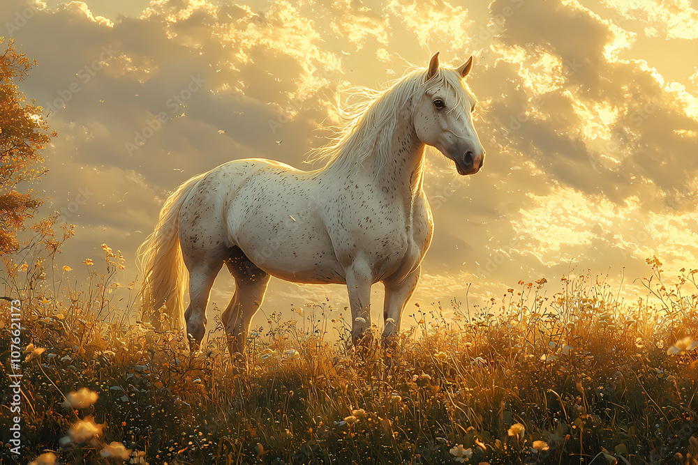 Horse,On a grassy hilltop, a majestic Andalusian horse stands majestically Horse,On a grassy hilltop, a majestic Andalusian horse stands majestically