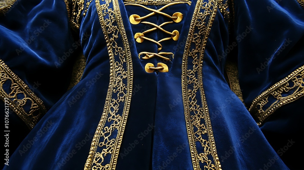 Sapphire Fantasy Gown with Gold Accents and High Collar Sapphire Fantasy Gown with Gold Accents and High Collar