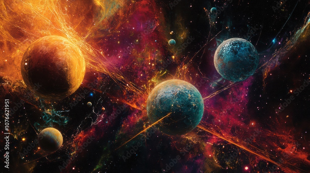 Obraz premium An abstract digital artwork depicting planets aligned in a surreal cosmic arrangement with swirling nebulae