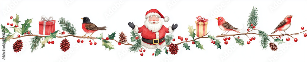 A set of Christmas watercolor photos on a white background, featuring Santa Claus and gifts, holly berries and snowflakes, birds with coniferous branches, garlands made from red cones
A set of Christmas watercolor photos on a white background, featuring Santa Claus and gifts, holly berries and snowflakes, birds with coniferous branches, garlands made from red cones