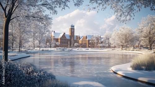 Winter wonderland campus scene for 2025, featuring a frozen lake and traditional architecture. 8k, realistic, full ultra HD, high resolution, and cinematic photography photo