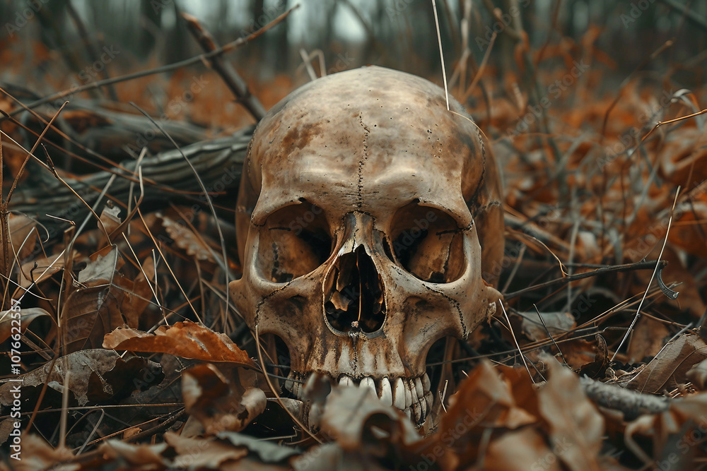 Forensic Investigation Discovery of Ancient Skull in Overgrown Crime Scene Setting, Generative AI Forensic Investigation Discovery of Ancient Skull in Overgrown Crime Scene Setting, Generative AI