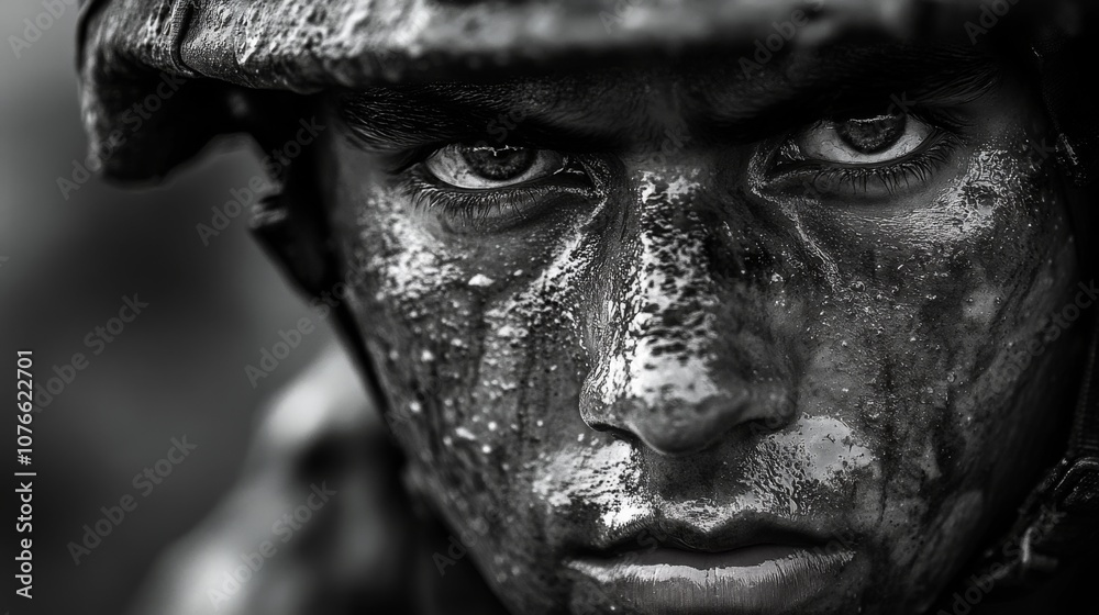 Black and white image of a determined soldier's face, covered in mud, emphasizing resilience and focus in challenging environments. Evokes strength and discipline. Black and white image of a determined soldier's face, covered in mud, emphasizing resilience and focus in challenging environments. Evokes strength and discipline.