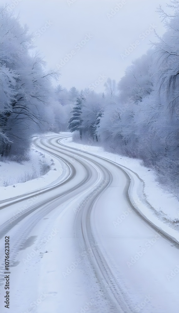 Obraz premium Snow Covered Road Through Frosty Trees Leading to a Wintry Horizon