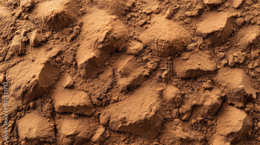 Close-up view of rough textured brown cocoa powder with clumps and uneven surface Close-up view of rough textured brown cocoa powder with clumps and uneven surface