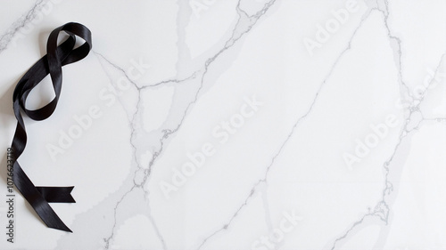 Black mourning ribbon on marble background