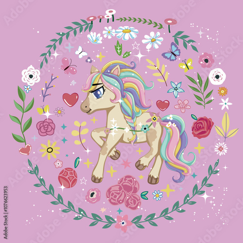 Cute unicorn in wreath of flowers.