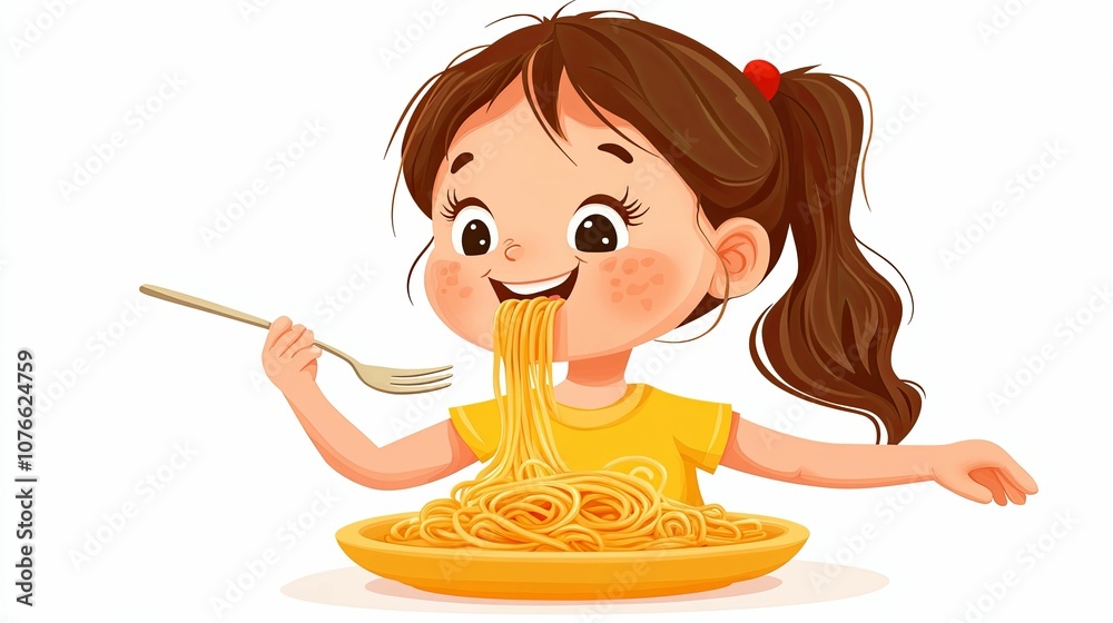 A Cartoon Girl Happily Eating Spaghetti with a Fork A Cartoon Girl Happily Eating Spaghetti with a Fork