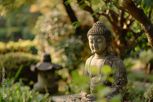 Greeting card with ancient statue great Buddha on holiday composition