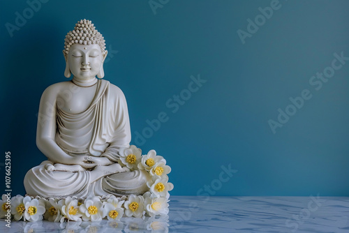 Greeting card with ancient statue great Buddha on holiday composition photo