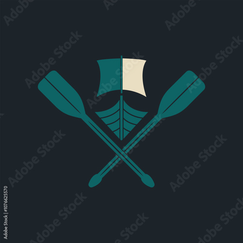 A boat with big crossed oar logo in green and dark background.
