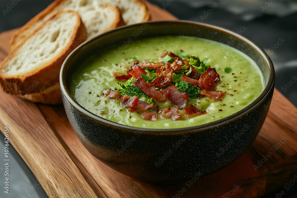A Bowl of Creamy Broccoli and Cheddar Soup, Topped with Crumbled Bacon and Served with Crusty Bread, Food Photography, Food Menu Photo Image A Bowl of Creamy Broccoli and Cheddar Soup, Topped with Crumbled Bacon and Served with Crusty Bread, Food Photography, Food Menu Photo Image