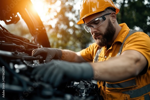 Focused mechanic meticulously repairs a vehicle engine outdoors, bathed in sunlight. photo