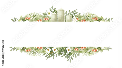 Watercolor floral wreath with candles and flowers on white background.