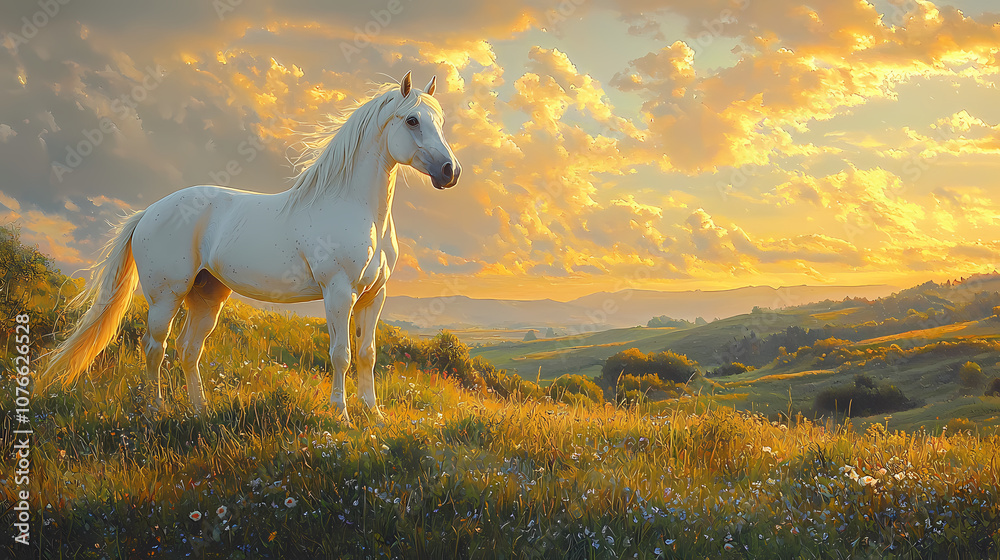 Horse,On a grassy hilltop, a majestic Andalusian horse stands majestically Horse,On a grassy hilltop, a majestic Andalusian horse stands majestically