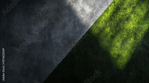 Textured cement wall split diagonally with charcoal gray on one side and deep moss green on the other, casting shadows against a dark background,