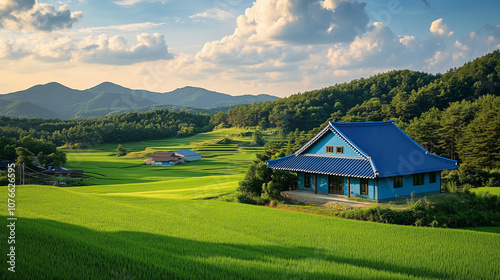 A traditional house sits gracefully among vibrant green rice fields, surrounded by verdant trees and majestic mountains under a bright blue sky.