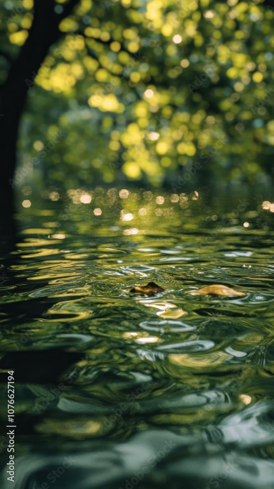 A Single Leaf Floating on Rippling Water Beneath a Canopy of Trees A Single Leaf Floating on Rippling Water Beneath a Canopy of Trees