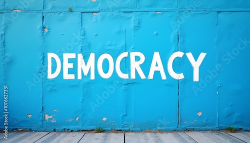 Bold white text spelling democracy on a vibrant blue wall in an urban setting during daylight hours photo