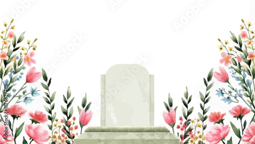 Watercolor gravestone with flowers and leaves on white background, vector illustration