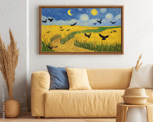 inspired van gog painting with Wheat Field with Crows canvas wall art, white background, natural wood frame. photo