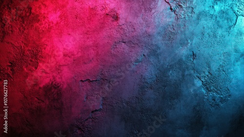 Textured cement wall bathed in red and blue neon light, the intense colors blending and casting vibrant glows onto the rugged surface,
